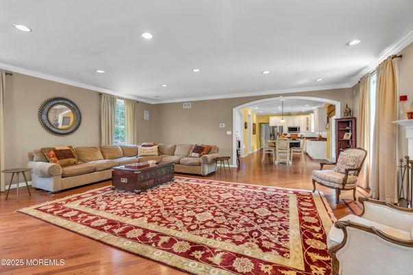 Dining room, Fireplace, Interior, Kitchen, Living room, Pendant Lights, Recessed Lighting, Wood Texture Flooring