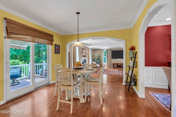 Dining room, Interior, Pendant Lights, Recessed Lighting, Wood Texture Flooring