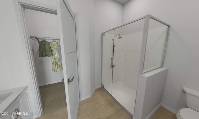 Bathroom, Glass Shower, Interior, Wood Texture Flooring