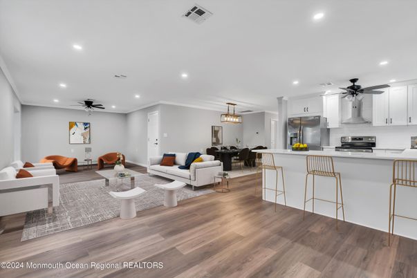 Dining room, Interior, Kitchen, Living room, Pendant Lights, Recessed Lighting, Stainless Steel Appliances, Wood Texture Flooring