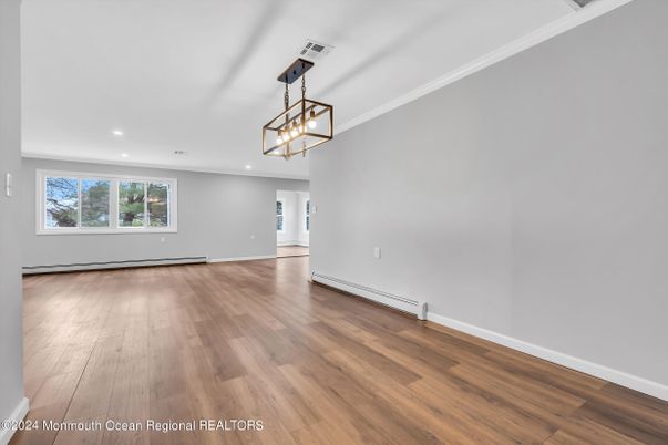 Empty room, Interior, Pendant Lights, Recessed Lighting, Wood Texture Flooring