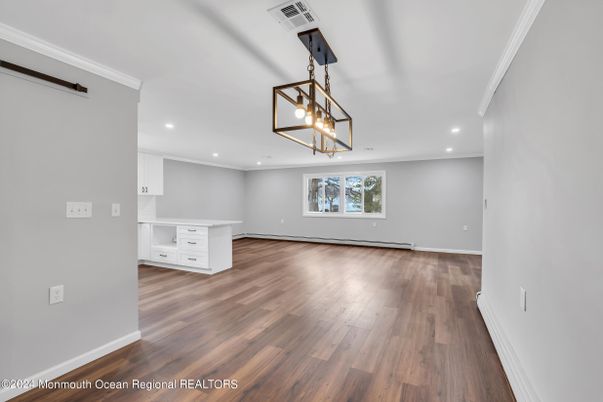 Empty room, Interior, Pendant Lights, Recessed Lighting, Wood Texture Flooring