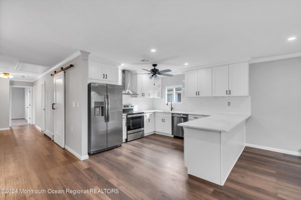 Interior, Kitchen, Recessed Lighting, Stainless Steel Appliances, Wood Texture Flooring