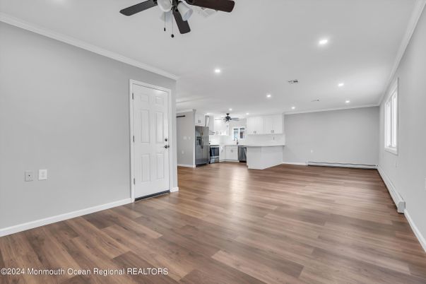 Empty room, Interior, Kitchen, Recessed Lighting, Wood Texture Flooring