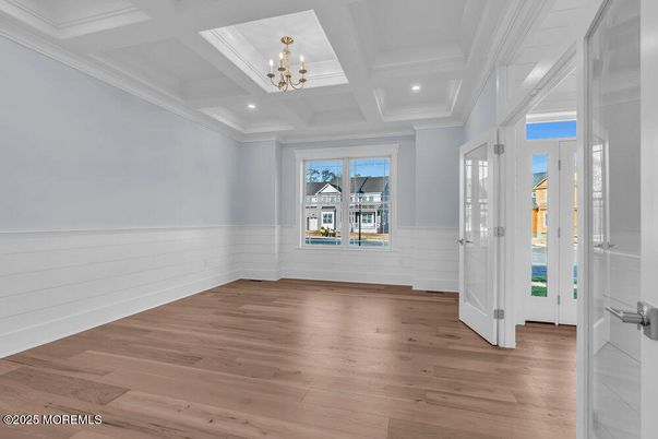 Chandelier, Empty room, Interior, Recessed Lighting, Wood Texture Flooring
