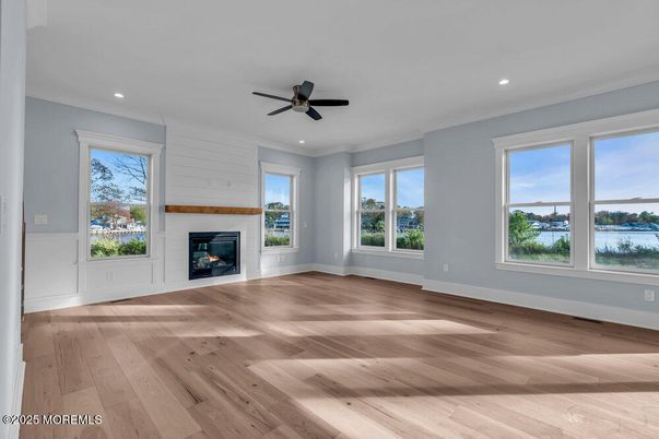 Empty room, Fireplace, Interior, Recessed Lighting, Wood Texture Flooring