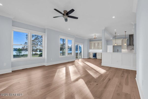 Empty room, Interior, Kitchen, Pendant Lights, Recessed Lighting, Wood Texture Flooring