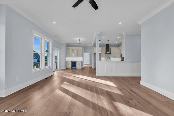 Chandelier, Empty room, Interior, Kitchen, Pendant Lights, Recessed Lighting, Wood Texture Flooring