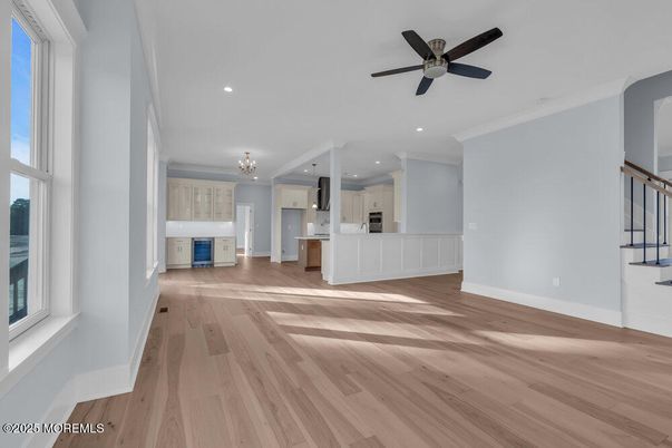 Chandelier, Empty room, Interior, Kitchen, Recessed Lighting, Wood Texture Flooring