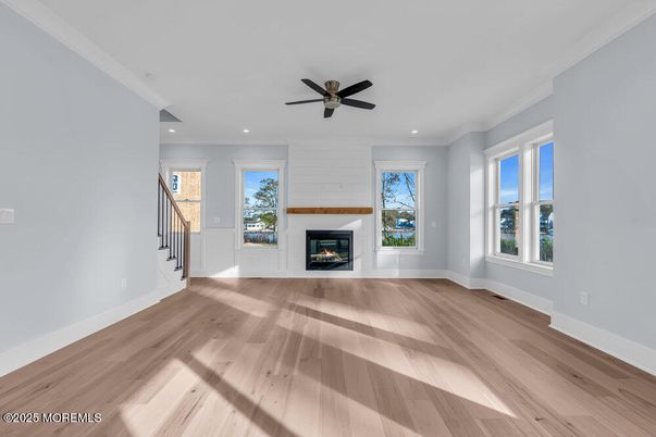 Empty room, Fireplace, Interior, Recessed Lighting, Wood Texture Flooring