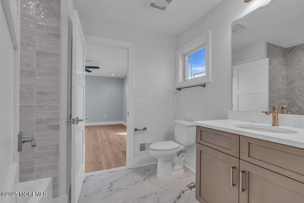 Bathroom, Interior, Marble, Recessed Lighting, Wood Texture Flooring