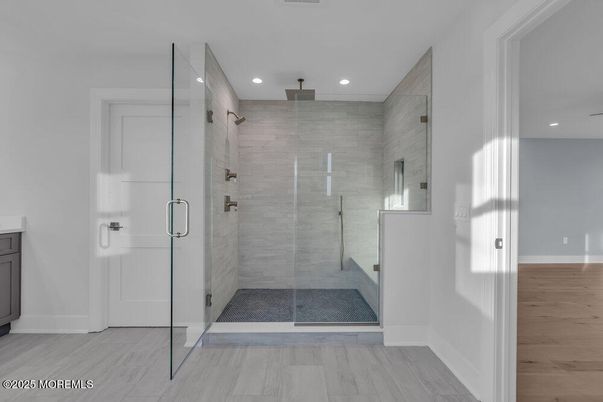 Bathroom, Glass Shower, Interior, Recessed Lighting, Wood Texture Flooring