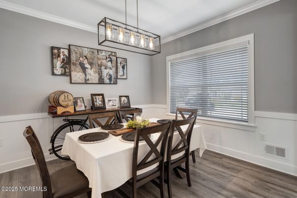 Dining room, Interior, Pendant Lights, Wood Texture Flooring