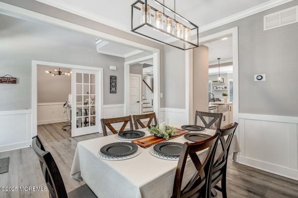 Dining room, Interior, Pendant Lights, Wood Texture Flooring