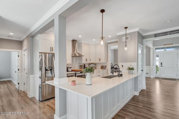 Interior, Kitchen, Pendant Lights, Recessed Lighting, Stainless Steel Appliances, Wood Texture Flooring