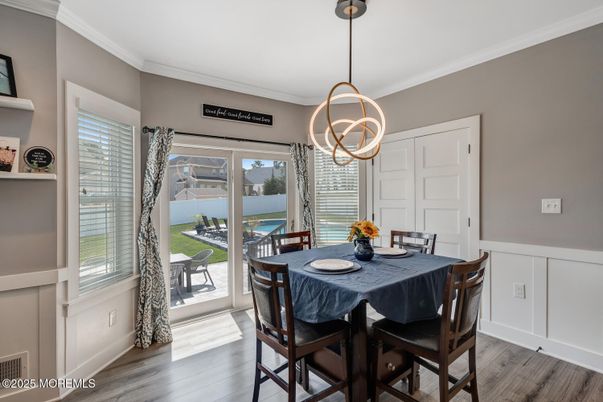 Dining room, Interior, Pendant Lights, Wood Texture Flooring
