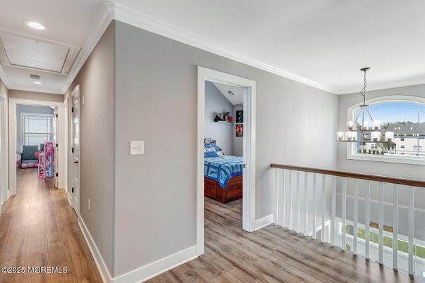 Bedroom, Chandelier, Interior, Recessed Lighting, Wood Texture Flooring