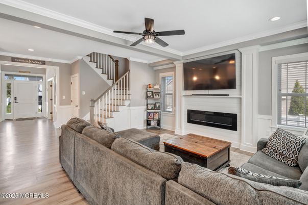 Fireplace, Interior, Living room, Recessed Lighting, Wood Texture Flooring