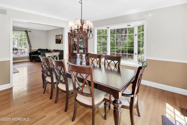 Chandelier, Dining room, Interior, Wood Texture Flooring