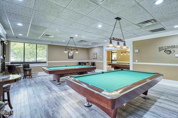 Billiard Table, Game Room, Interior, Pendant Lights, Recessed Lighting, Wood Texture Flooring