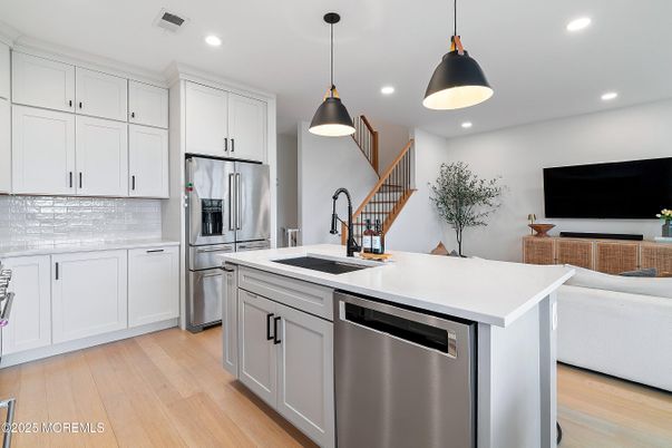 Interior, Kitchen, Pendant Lights, Recessed Lighting, Stainless Steel Appliances, Wood Texture Flooring