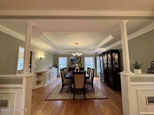 Chandelier, Dining room, Interior, Wood Texture Flooring