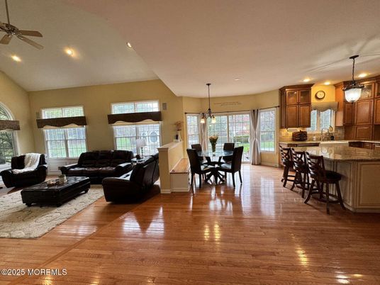 Dining room, Interior, Kitchen, Living room, Pendant Lights, Recessed Lighting, Wood Texture Flooring