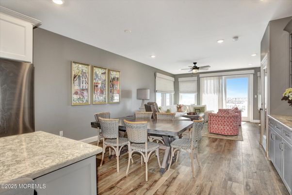 Dining room, Interior, Kitchen, Living room, Recessed Lighting, Wood Texture Flooring