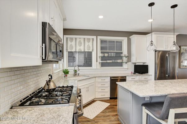 Interior, Kitchen, Pendant Lights, Recessed Lighting, Stainless Steel Appliances, Wood Texture Flooring