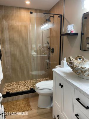 Bathroom, Glass Shower, Interior, Recessed Lighting, Wood Texture Flooring