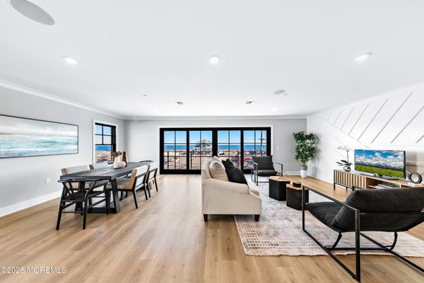 Dining room, Interior, Living room, Recessed Lighting, Wood Texture Flooring