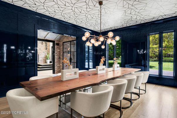 Dining room, Interior, Pendant Lights, Stone Walls, Wood Texture Flooring