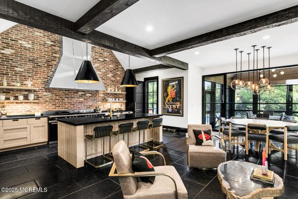 Dining room, Interior, Kitchen, Pendant Lights, Recessed Lighting, Stainless Steel Appliances, Stone Walls, Wooden Beams