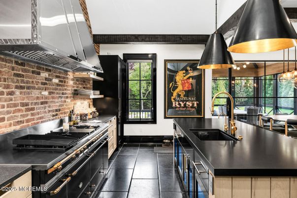 Interior, Kitchen, Pendant Lights, Stainless Steel Appliances, Stone Walls