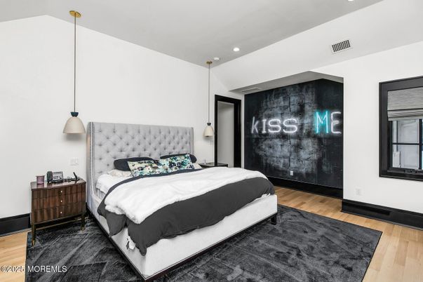 Bedroom, Interior, Pendant Lights, Recessed Lighting, Wood Texture Flooring
