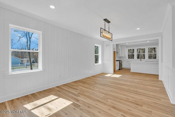 Empty room, Interior, Kitchen, Pendant Lights, Recessed Lighting, Wood Texture Flooring