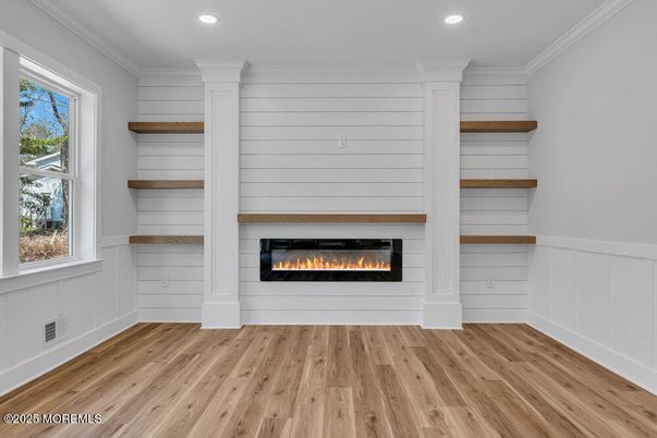 Empty room, Fireplace, Interior, Recessed Lighting, Wood Texture Flooring