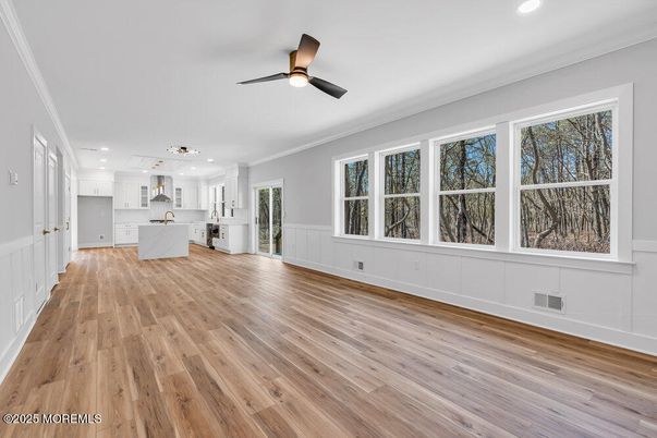 Empty room, Interior, Kitchen, Recessed Lighting, Wood Texture Flooring