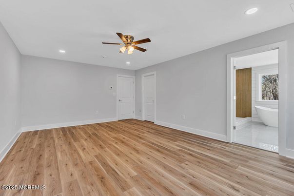 Bathroom, Empty room, Interior, Recessed Lighting, Wood Texture Flooring