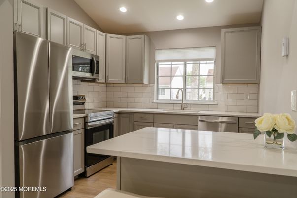 Interior, Kitchen, Recessed Lighting, Stainless Steel Appliances, Wood Texture Flooring