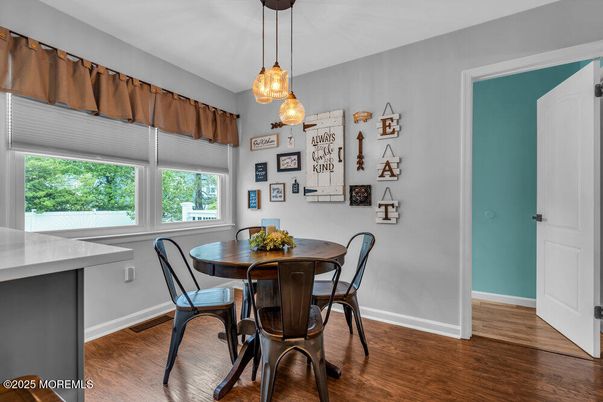 Dining room, Interior, Pendant Lights, Wood Texture Flooring