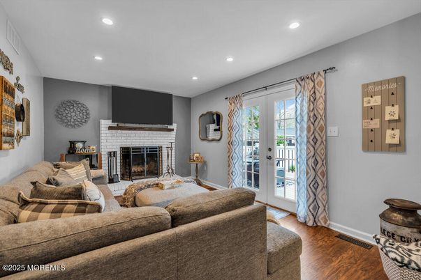 Fireplace, Interior, Living room, Recessed Lighting, Wood Texture Flooring