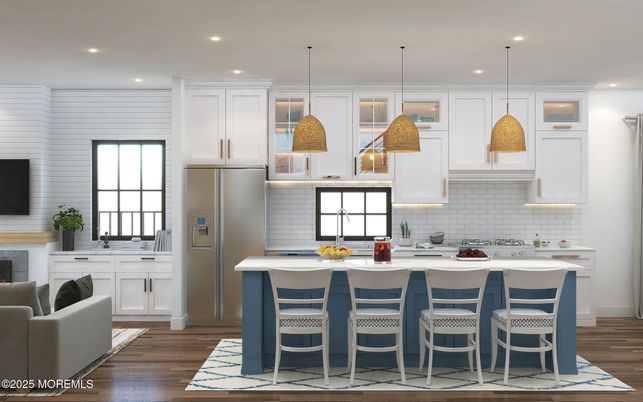Fireplace, Interior, Kitchen, Pendant Lights, Recessed Lighting, Stainless Steel Appliances, Wood Texture Flooring