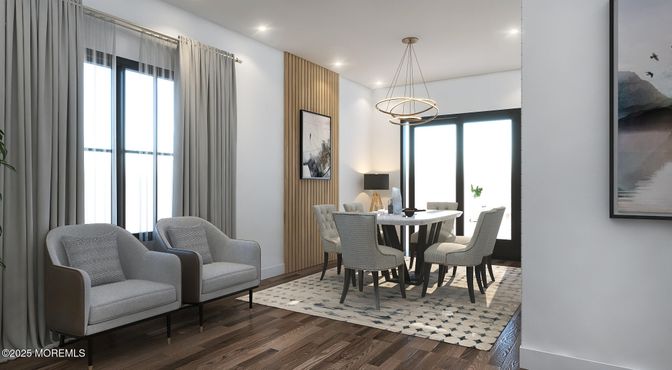 Dining room, Interior, Pendant Lights, Recessed Lighting, Wood Texture Flooring