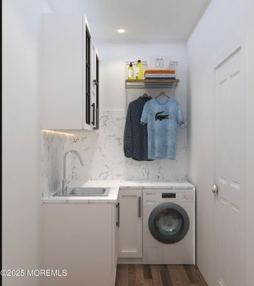 Interior, Marble Walls, Recessed Lighting, Utility Closets, Washer, Wood Texture Flooring