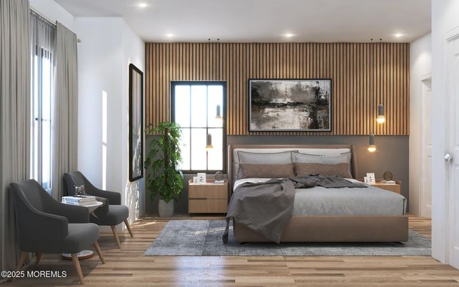 Bedroom, Interior, Pendant Lights, Recessed Lighting, Wood Texture Flooring