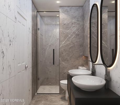 Bathroom, Glass Shower, Interior, Marble Walls, Recessed Lighting