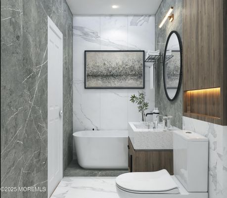 Bathroom, Dual Sink Vanities, Free Standing Baths, Interior, Marble, Marble Walls, Recessed Lighting