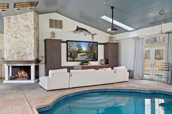 Fireplace, Interior, Living room, Pool, Stone Walls