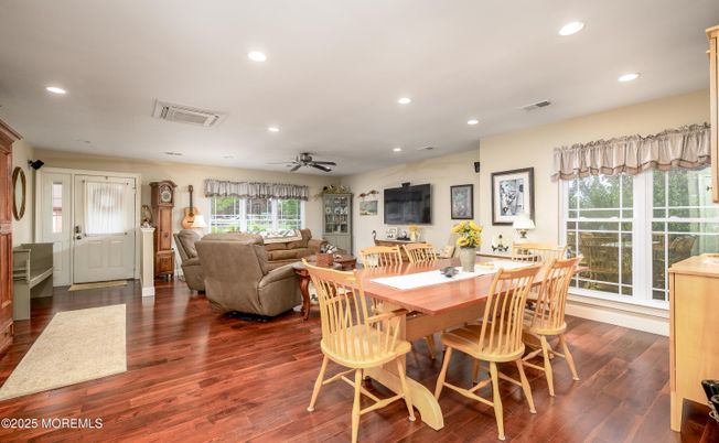 Dining room, Interior, Living room, Recessed Lighting, Wood Texture Flooring